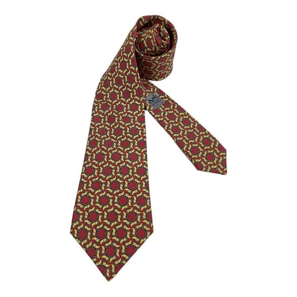HERMES PARIS Vintage 7420 HA Red Yellow Belt Print Silk Tie France W: 3.5" EX CD - Picture 1 of 7